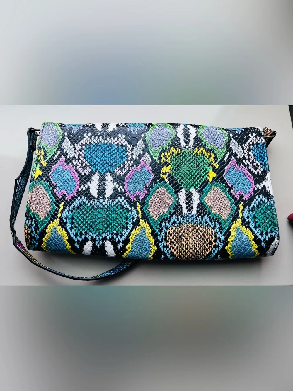 Colorful Snakeskin-Pattern Clutch with Removable Shoulder Bag Strap Vegan
